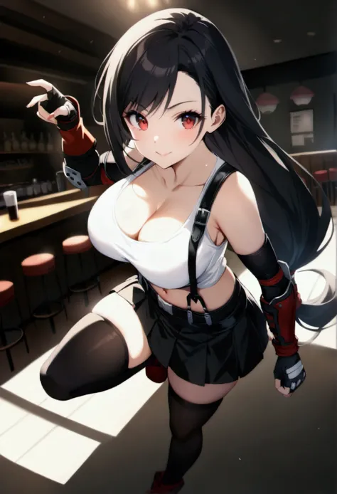 (score_9, score_8_up, score_7_up), BREAK  (masterpeace),(best quality),(aesthetic,very aesthetic),(highly detailed),1girl, tifa lockhart, final fantasy,(beautiful). black hair, low-tied long hair, red eyes, bangs, white tank top, belt, pleated skirt, thigh...