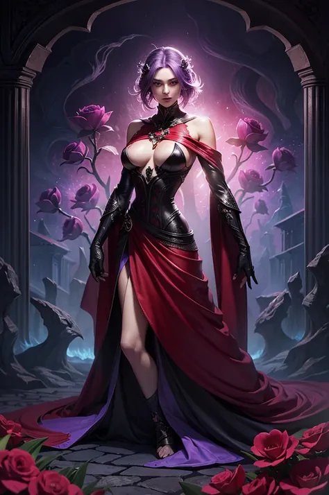 Woman body set large breasts(best quality, highres, ice skull:1.1), A girl with purple hair and a red cape, featuring a Dracula Orchid pattern. (best quality, ultra-detailed), (realistic), vibrant colors, intense lighting, lava-like texture, hauntingly bea...