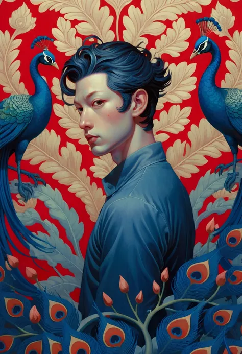 A painting by Alafid，There is a man in the painting，With a peacock&#39;s tail and eyes, James Jean style, James Jean andrei riabovitchev, James Jean and wlop, James Jean soft light 4k, James Jean soft light 4 k, James Jean marc, style of James Jean, James ...