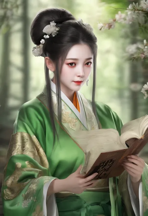 best quality,masterpiece,Ultra-high resolution,(photoactual:1.4),Chinese animation,Antique study room,a beautiful,Elegant,,Wise Girl,Bright eyes,Long hair in a single ponytail（green）,Wearing Confucian robes,holding book in hand