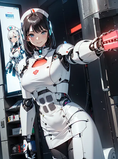 A girl in a futuristic glowing white heavy armored robot suit takes a photo、perfect android girl, Female cyborg body, Perfect anime cyborg woman, Beautiful female android!, Female Robot, completely robot!! girl, Cute cyborg girl, Cyber Suit, Girl wearing m...