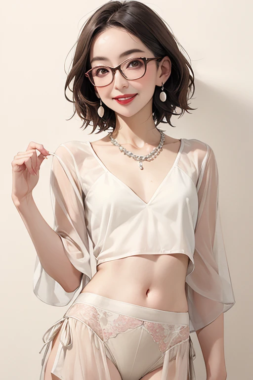 Beautiful and mature 55 year old Japanese woman, Married women, One woman, Fine Lines, Long eyelashes, Shining Eyes, Short Bob, wear glasses, (Bright red lipstick), elegant, Slim figure, Pink Cheeks, Pearl Necklace, Earrings, Cute Smile, ((Beige bra)), ((B...