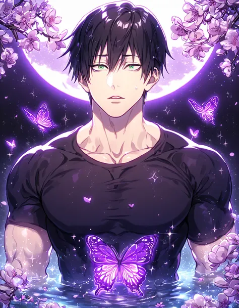 absurdres, highres, ultra detailed, HDR, master piece, best quality, Fushiguro Touji, straight black hair, expressive green eyes, Jujutsu Kaisen, solo, sexy man, handsome, sensual, horny, black tight T-shirt, water, fantasy, magical, shining, purple flower...