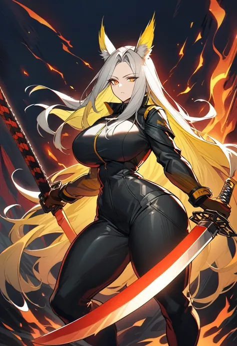 Hellagur(Arknights),grey hair,feather ears,curvy body,wearing general suit, wielding big katana(blade), big breast,big thighs,flame background,midnight setting.