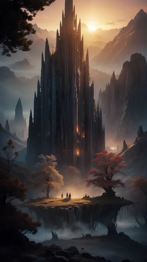 Show me a whimsical, dreamlike landscape of a magical world, ravaged by a catastrophic magical war, with fantastical creatures scattered throughout the terrain, amidst twisted, glowing tree trunks, and eerie, shimmering mist that veils the majestic, ruined...