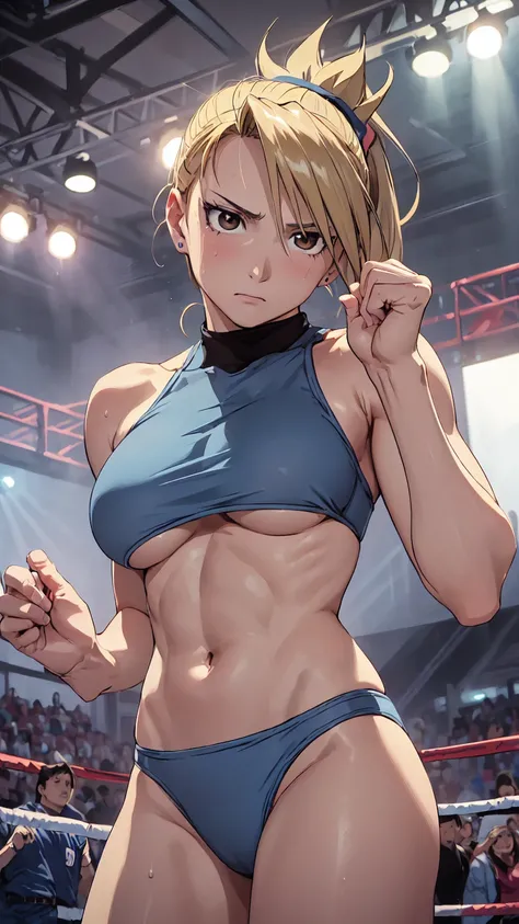 masterpiece, Highest quality, High resolution, One Girl, Hamriz, ponytail, Brown eyes,big , マイクロbikini、Cowboy Shot、Muscular body、blush、Sweat、Composition from the front、anime、(((Light blue bikini、Stand in front、audience、Shaking breasts、Boobs fully exposed、F...