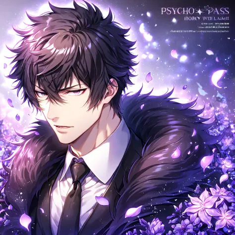 Ultra detailed, HDR, Highres, absurdres, master piece, Kougami Shinya, black hair, expressive gray eyes, black coat with a fur collar, black necktie, white shirt, Psycho Pass, sexy man, handsome, purple flowers, petals, fantasy, magical, purple leaves, han...