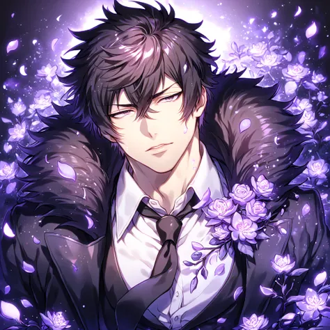 Ultra detailed, HDR, Highres, absurdres, master piece, Kougami Shinya, black hair, expressive gray eyes, black coat with a fur collar, black necktie, white shirt, Psycho Pass, sexy man, handsome, purple flowers, petals, fantasy, magical, purple leaves, han...