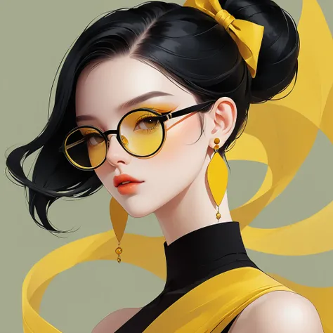 Vector，flat style，illustration，digital art illustration，1 girl，unique，beautiful face，wear earrings，portrait，Shoulder，artistic conception，abstract，Her hair is long with yellow and black highlights，wear glasses，black and yellow hair, long hair