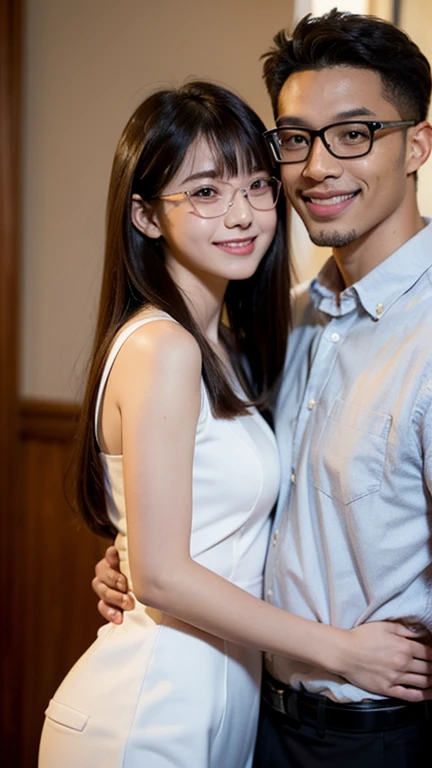 17 year old girl((cute,smile)) twintailhair with bangs, wearing uniform, glasses with black man bf