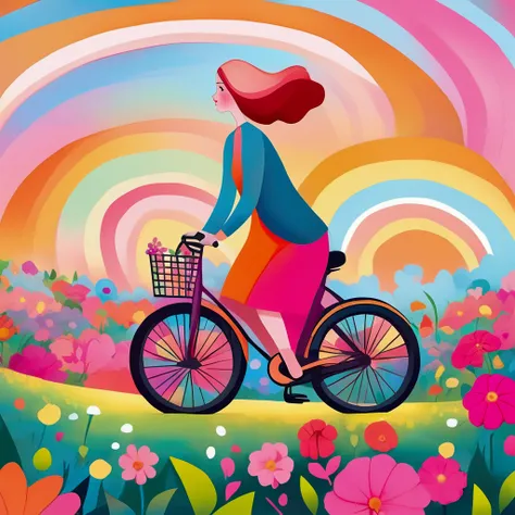 A girl is riding a bicycle through a colorful, gorgeous flower field., Digital painting by André Rouherin, Shutterstock Contest Winner, Conceptual Art, in style of digital figure, blurred and dreamy figure, dreamy figure, blurry and dreamy figure, colorful...