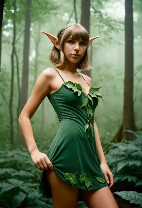 analog film photo, photo of a young elf girl, 18 years-old, elf, elf ears, long pointy ears, shaggy bob cut, sun-tanned complexion, pretty, natural beauty, tall, full hourglass figure, curvaceous, voluptuous, long legs, thick thighs, big butt, wearing a le...