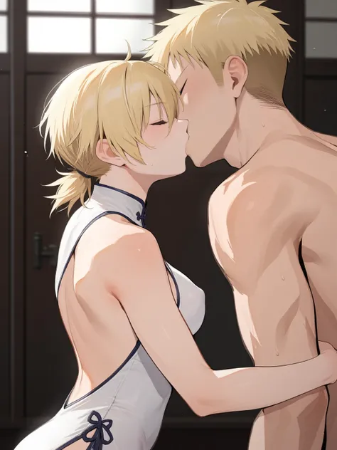 score_9, score_8_up, source_anime, solo, 1girl, tomboy, dress, hellsing, lole, young, ((aged down)), ikuchan, blonde hair, blonde hair, oriental, Chinese dress, short dress, indoors, apathetic, bored, boob window, 1boy, kissing, ((light skinned male)), siz...