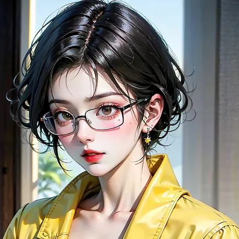 ((best quality)), ((masterpiece)), (detailed), perfect face. Short hair. Anime girl. Asian girl. Black eyes. Glasses. Her hair is long with yellow and black highlights，wear glasses，black and yellow hair