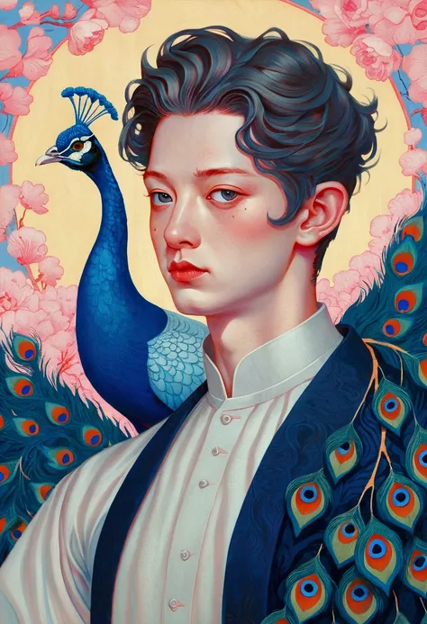 Pastel Art：A painting by Alafid，There is a man in the painting，With a peacock&#39;s tail and eyes, James Jean style, James Jean andrei riabovitchev, James Jean and wlop, James Jean soft light 4k, James Jean soft light 4 k, James Jean marc, style of James J...