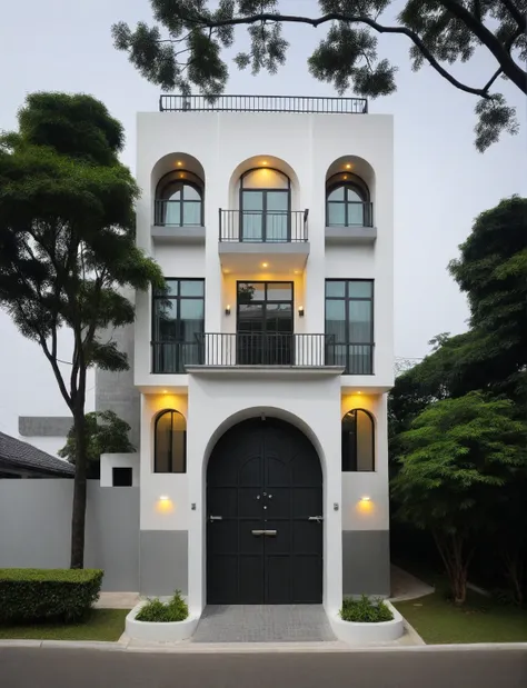 raw photo, a photo of a modern house, (curvilinear chrchitecture:1.4), wabisabi style rounded wall, white wall, steel dark gate,...