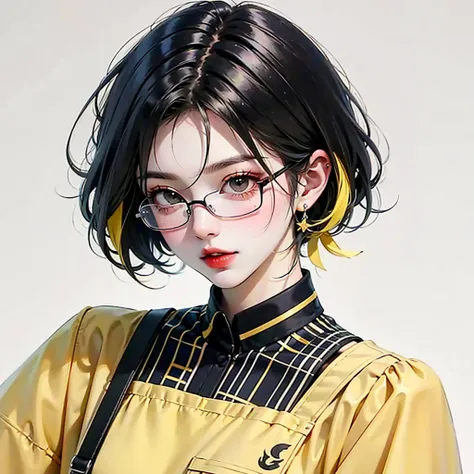 ((best quality)), ((masterpiece)), (detailed), perfect face. Short hair. Anime girl. Asian girl. Black eyes. Glasses. Her hair is long with yellow and black highlights，wear glasses，black and yellow hair