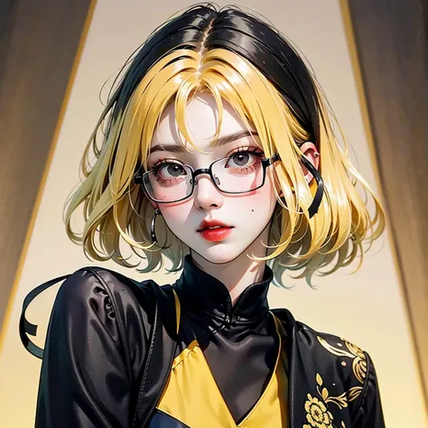 ((best quality)), ((masterpiece)), (detailed), perfect face. Short hair. Anime girl. Asian girl. Black eyes. Glasses. Her hair is long with yellow and black highlights，wear glasses，black and yellow hair