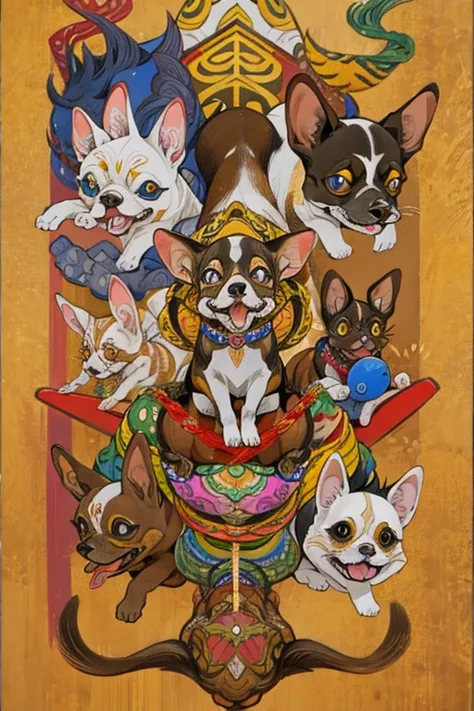 (masterpiece: 1.2, Highest quality、)Fat Chihuahua,Ink painting,God&#39;s Dog、Japanese painting, Horror elements,Ancient India、Buddhism
、Chihuahua sitting on a Ouija board,Dog with a Ouija board、