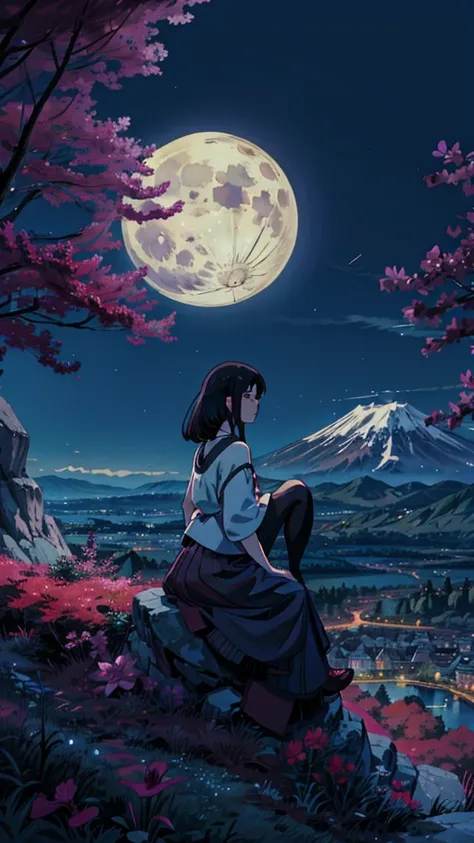 a woman sitting on top of a hill under a full moon, beautiful moon light, cgsociety 9, in front of the moon, night background, in front of a big moon, dream scenery art, looking at the moon, alena aenami and artgerm, moon behind, full moon background, unde...