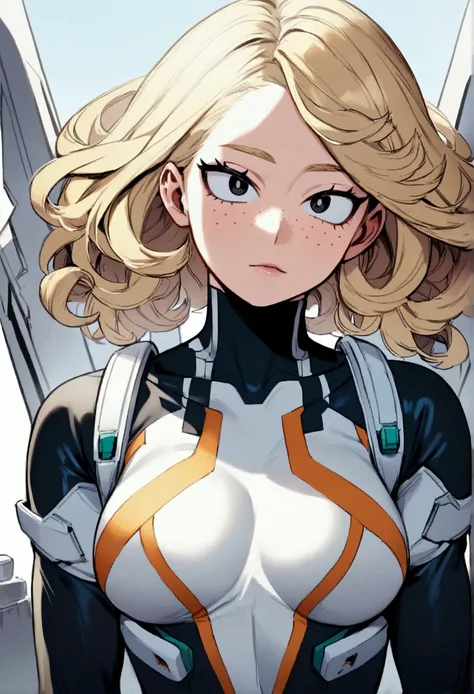 My hero academia, girl with curly blonde hair, black eyes and freckles