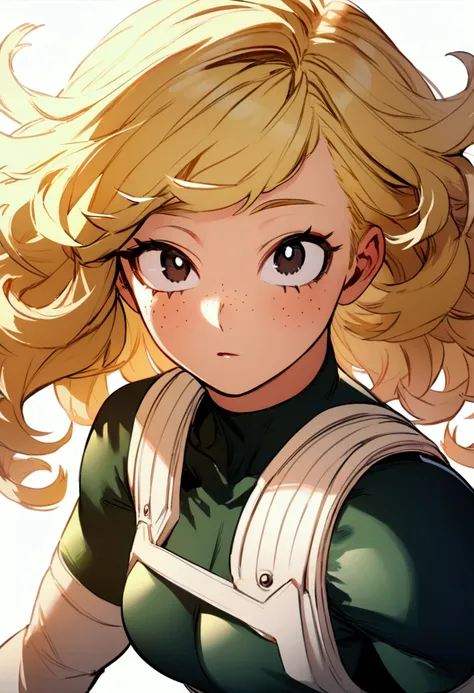 My hero academia, girl with curly blonde hair, black eyes and freckles