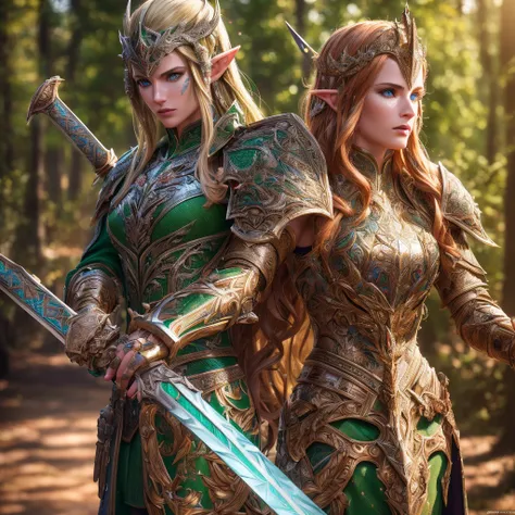 a highly detailed, cinematic portrait of a wood elf paladin, standing with a long sword in both hands, wearing a tight, smooth s...