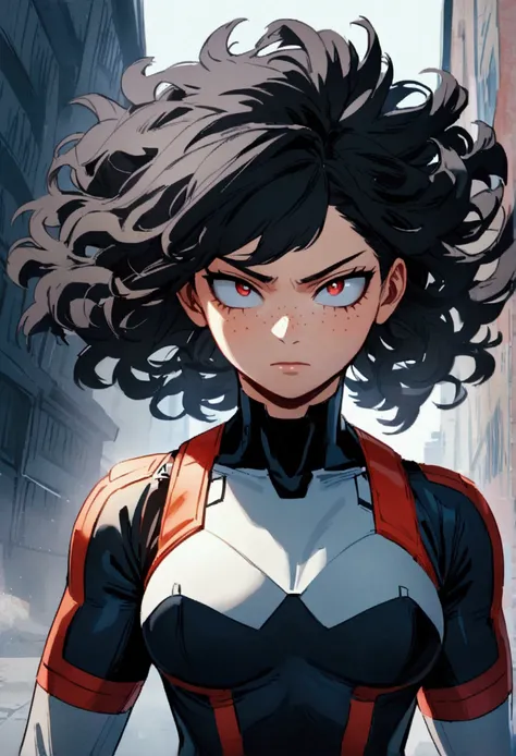 My hero academia, girl with curly black hair, red eyes and freckles