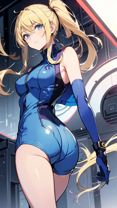 (masterpiece, Best Quality:1.2), expressive eyes, perfect face, High resolution, 1 girl, Alone, (female:1.5), Samus Aran, blue jacket, sleeveless jacket, shirt, short sleeves, pants, Gloves without fingers, standing, Upper part of the body, looking at the ...