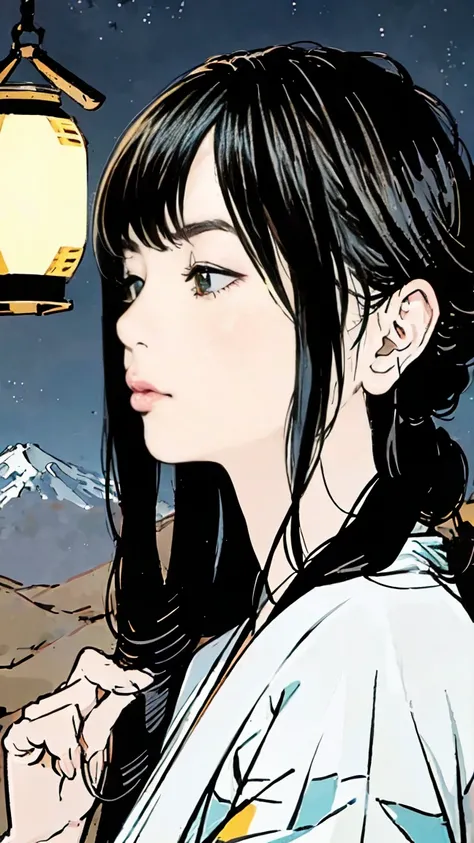 A beautiful girl in a traditional Japanese yukata standing in front of a shrine at night, her long black hair framing her delicate profile as she gazes up at the lantern light and fireworks bursting in the sky, with Mount Fuji silhouetted in the distance, ...