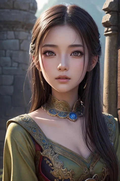 a 20 years old japanese girl,dragonquest sage,beautiful detailed eyes,beautiful detailed lips,extremely detailed face and eyes,long eyelashes,fantasy,medieval,magic,medieval castle,landscape,art,digital painting,cinematic lighting,vibrant colors,dramatic l...