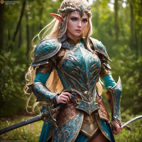 a highly detailed, 1girl, cinematic portrait of a wood elf paladin, standing with a long sword in both hands, wearing a tight, l...