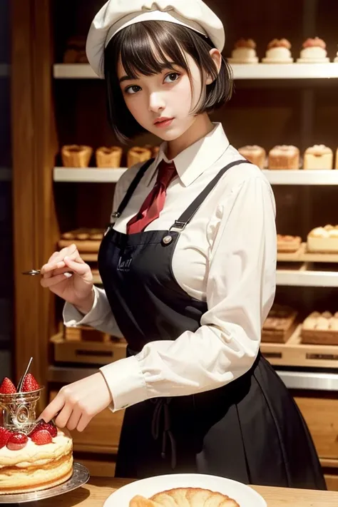 ((Patisserie))、(Cake shop)、masterpiece, Highest quality, High resolution,  1 girl, alone, Big Breasts、beret, Skirt with suspenders, Black Hair、Bowl Cut Hair、((clerk)), (((Collared shirt)))、Looking at the audience, From below, Looking down at the viewer, Sk...