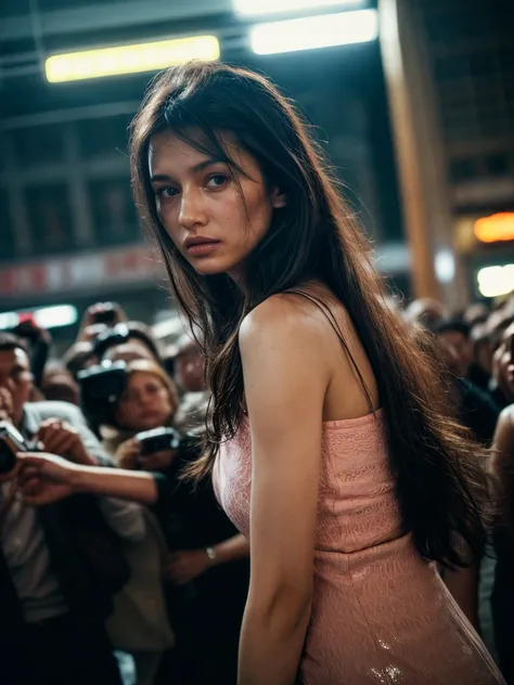 (Full shot:1.4), (best quality:1.4), 1girl, kazakh, cute face, pink lace tanktop with short skirt, surrounded by very close crowded in the lift, (emotional posing:1.2), wavy hair, bangs, (hair blowing in the wind:1.2), (dramatic moment:1.3), (perfect objec...