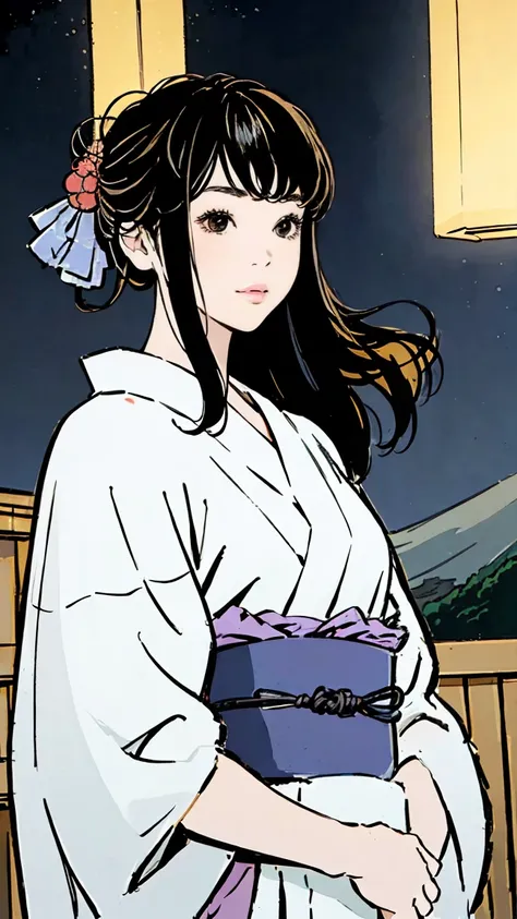 A beautiful girl in a traditional Japanese yukata standing in front of a shrine at night, her long black hair framing her delicate profile as she gazes up at the lantern light and fireworks bursting in the sky, with Mount Fuji silhouetted in the distance, ...