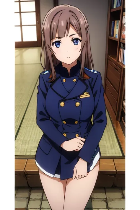 Chocolate brown hair, lilac eyes, jujutsu blue uniform 