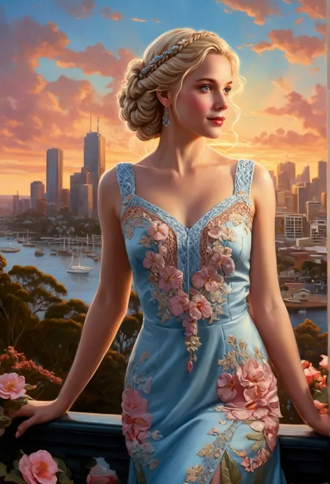 Full body image of a Kinkade-inspired Australian Sydney cityscape at sunset, intricately detailed vintage-braided blonde super beautiful woman with begonias in her hair, pale blue eyes reflecting the sunset cityscape, perfect lips and angel smile, dress wi...