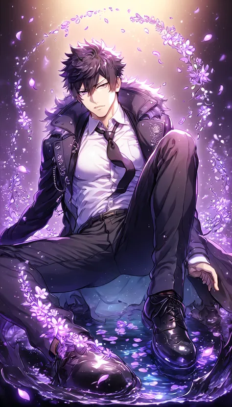 Ultra detailed, HDR, Highres, absurdres, master piece, Kougami Shinya, black hair, expressive gray eyes, black coat with a fur collar, black necktie, white shirt, black pants, black shoes, Psycho Pass, sexy man, handsome, purple flowers, petals, fantasy, m...