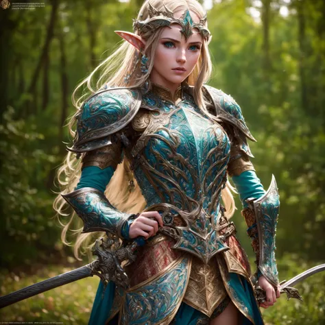 a highly detailed, 1girl, cinematic portrait of a wood elf paladin, standing with a long sword in both hands, wearing a tight, l...