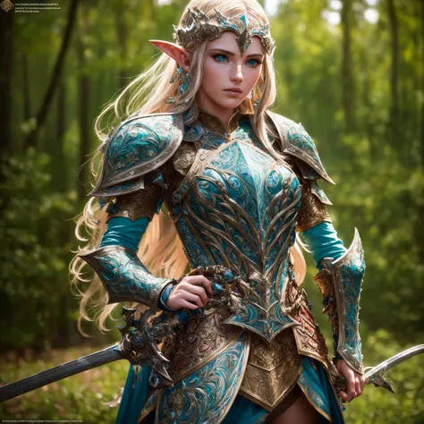 a highly detailed, 1girl, cinematic portrait of a wood elf paladin, standing with a long sword in both hands, wearing a tight, l...