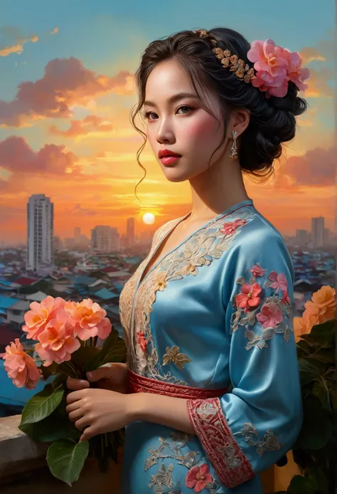 Full body image of a Kinkade-inspired Ho Chi Minh City cityscape at sunset, intricately detailed Vietnamese vintage-braided super beautiful girl with begonias in her hair, pale blue eyes reflecting the sunset cityscape, perfect lips, dress with fantasy-nar...