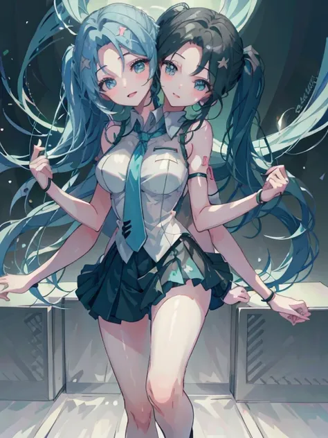 (masterpiece, best quality), best resolution, (2 heads:1.5), 1 woman, hatsune miku, aqua hair, twin tail, long hair, tear, open ...