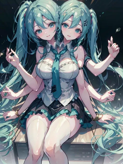 (masterpiece, best quality), best resolution, (2 heads:1.5), 1 woman, hatsune miku, aqua hair, twin tail, long hair, tear, open ...