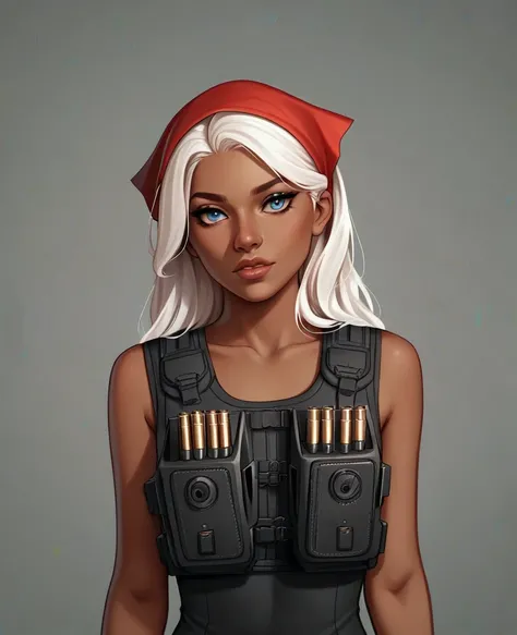 ((best quality)), ((masterpiece)), (detailed), 1girl, mixed race girl, African American + Caucasian girl with lighter skin, young woman, pretty, skinny, white hair, modern attire, modest, head scarf, long hair, hair tied in the back, bullet proof vest, tac...