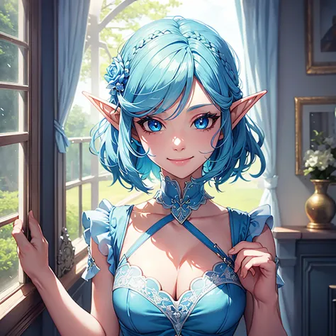 half-elf, light blue hair, blue ballroom dress, smile, blue eyes, done up hair, solo