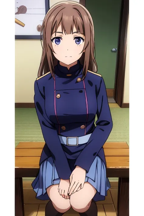 Chocolate brown hair, lilac eyes, jujutsu blue uniform 