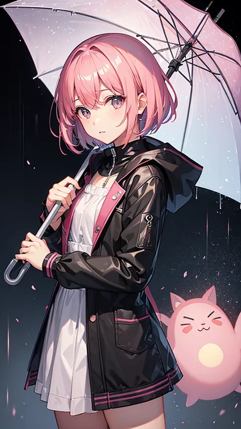 high resolution、high quality、Straight face、woman、outside、rain、豪rain、Get wet服、looking at the camera、Pink Hair、Short Hair、One person、Get wet、Umbrella extinguishes