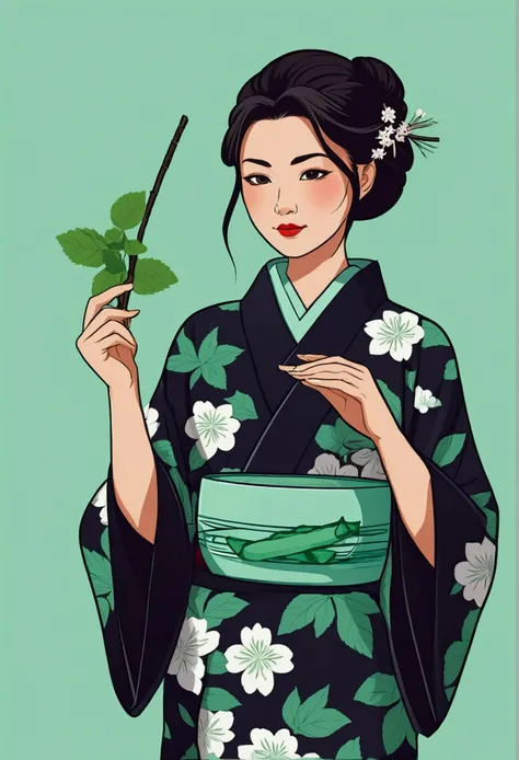 Japanese woman in kimono. Cartoon flat style. Animation. Witch. With mint elements, mint background, holding mint