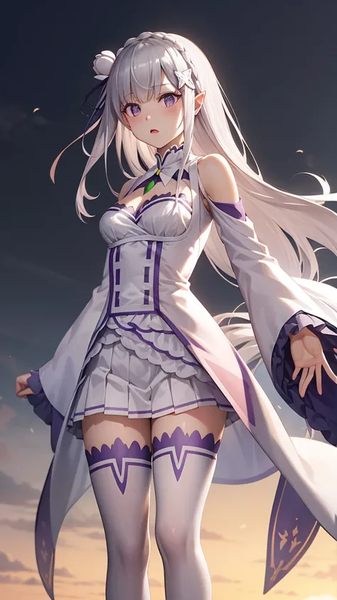 rezeroEmilia, Emilia, Braiding, crown Braiding, flower, hair flower, hair ornaments, hair ribbon, Long Hair, Pointed Ears, (Purple eyes:1.2), Gray Hair, x hair ornaments,
break detached collar, Removable sleeves, Frills袖, Frills, Long sleeve, miniskirt, pl...