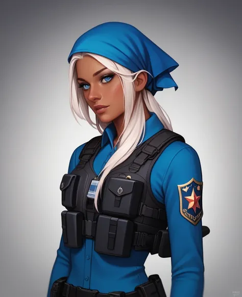 ((best quality)), ((masterpiece)), (detailed), 1girl, mixed race girl, African American + Caucasian girl with lighter skin, young woman, pretty, skinny, white hair, modern attire, modest, head scarf, long hair, hair tied in the back, bullet proof vest, tac...